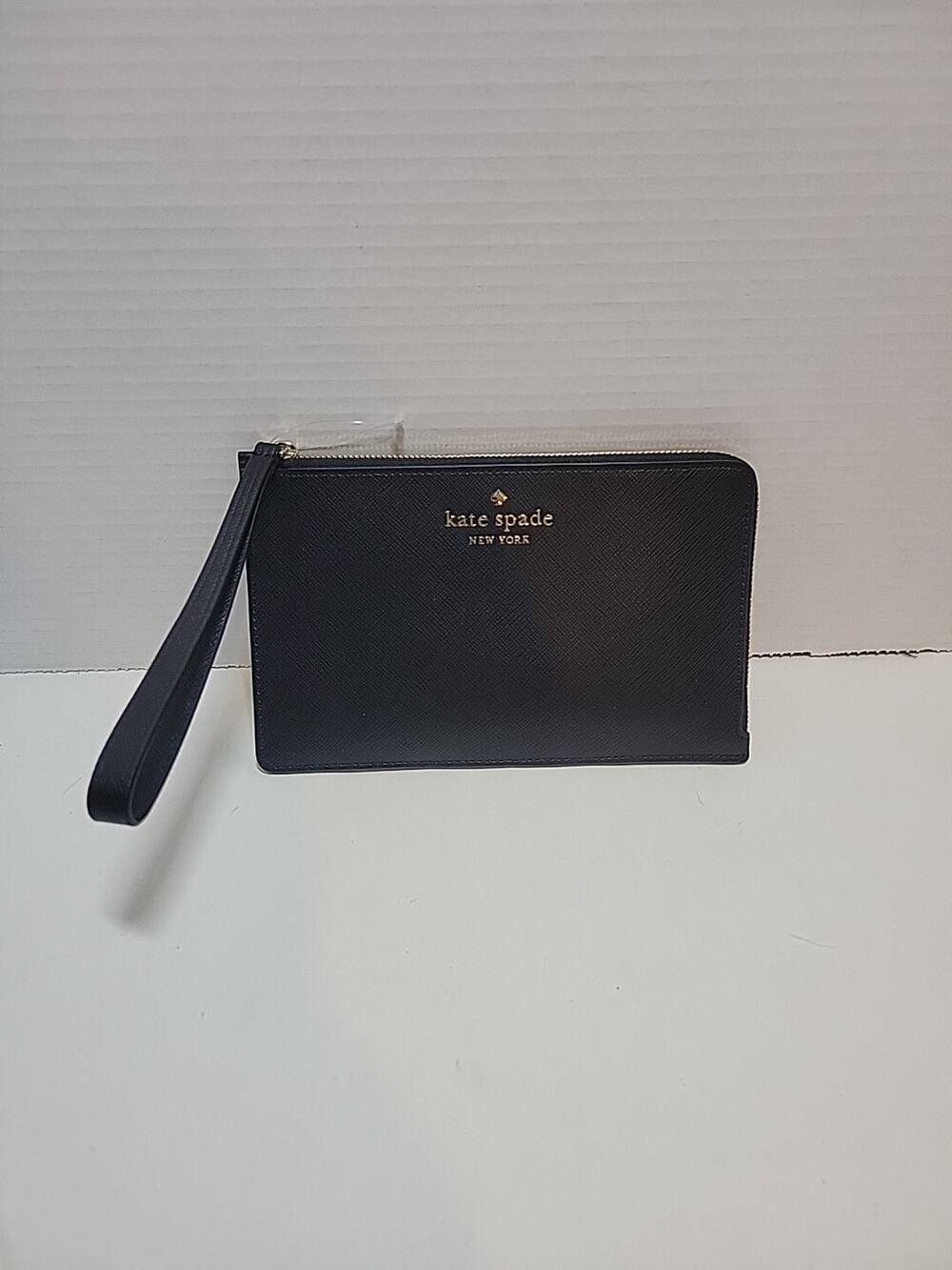 Kate Spade New York L-Zip Leather Wristlet Black With Back Zipper Pocket NEW